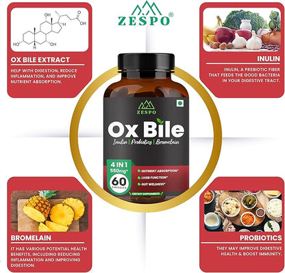 Ox Bile 550MG – Digestive Enzymes & Gut Health Support with Inulin, Probiotics & Bromelain – 60 Capsules