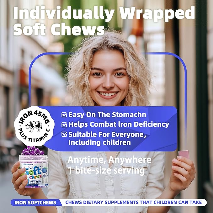 Iron Soft Chew Supplement with Vitamin C | Blueberry Flavored | Gluten Free | Iron Supplement for Women Men and Kids | 60 Count | 2 Month Supply