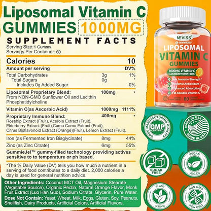 Liposomal Vitamin C 1000mg Gummies for Adults - Vitamin C Chewable 1500mg with 8mg Iron, Zinc & Elderberry - Immune Support, Immune Booster Supplement - for Energy, Collagen Booster, 2Pack Sugar Free