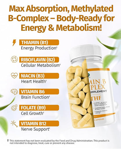 1 Body Vitamin B Complex – Methylated B12, 5-MTHF Folate, High Potency B Vitamins for Energy, Stress, Brain & Heart Support, Vegan, 60 Capsules