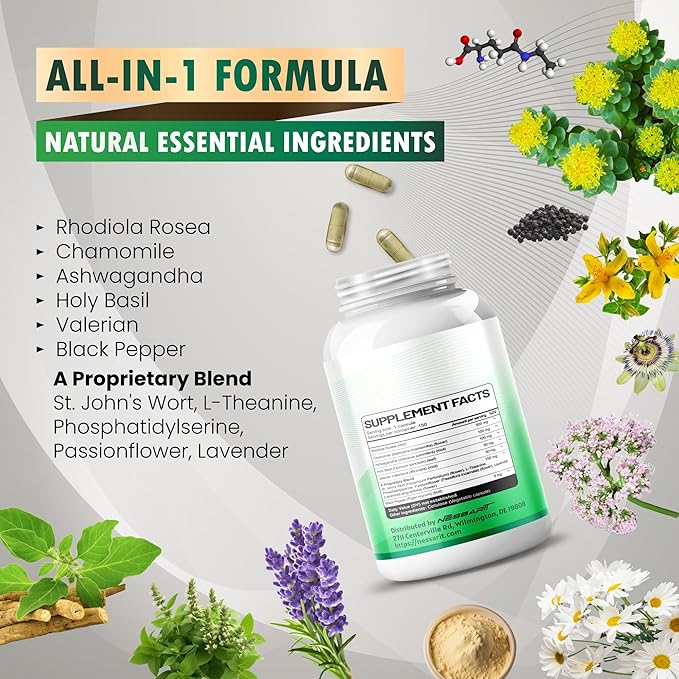 RHODIOLA ROSEA Supplement- 11-in-1 Natural Blend with Chamomile L-Theanine Ashwagandha Holy Basil Valerian Passionflower - 150 Count - Made & Tested in The USA