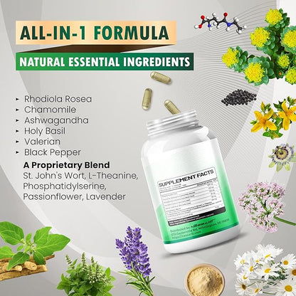 RHODIOLA ROSEA Supplement- 11-in-1 Natural Blend with Chamomile L-Theanine Ashwagandha Holy Basil Valerian Passionflower - 150 Count - Made & Tested in The USA