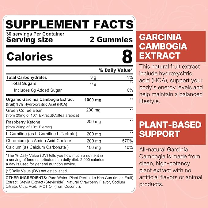 Sugar Free Garcinia Cambogia Gummies 1000mg 95% HCA Pure Extract with L-Carnitine, Raspberry Ketone, Chromium, Green Coffee Bean for Metabolism, 100% Organic Extract, Vegan, Strawberry Flavor 60 Cts