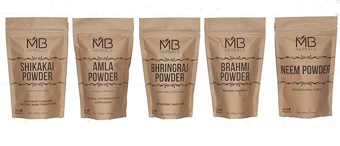 MB Herbals Hair Care Powders COMBO Pack | Shikakai | Neem | Brahmi | Amla | Bhringaraj | Powders | 100 Grams Each | For Hair Pack | External Use Only
