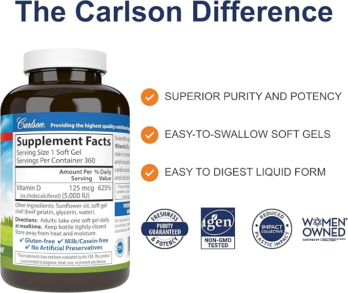 Carlson - Vitamin D3 5000 IU (125 mcg), Bone Health, Muscle Health, Cholecalciferol, Vitamin D Supplements, Vitamin D3 Soft Gels, 360 Softgels