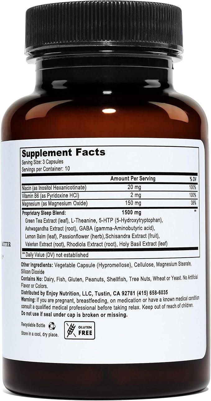 Relax - Natural Sleep Support Supplement with GABA, L-Theanine, Valerian Root, 5-HTP, Lemon Balm – Calm and Relaxation Aid - 30 Vegetarian Capsules