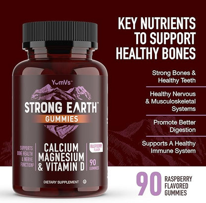 YUM-V'S Strong Earth Calcium, Magnesium, Vitamin D3 Gummies, Vitamin Gummies, Calcium Supplement for Strong Bone Health for Women & Men - Certified Kosher (90 Count)