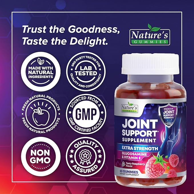 Joint Support Supplement - Extra Strength Glucosamine Gummy Supports Joints Health & Flexibility for Back, Knees, Hands - Natural Vitamin E Immune Support - Best Gummies for Women & Men - 60 Gummies