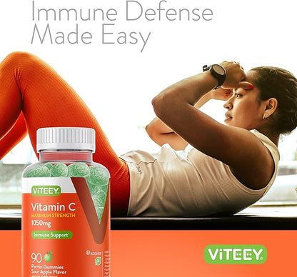 Vitamin C Gummies for Adults & Teens, 1050mg Maximum Strength - Immune Support Gummies - Immune Booster - Vegan, Gelatin Free, Gluten Free - Tasty Vitamin C Chewable Sour Apple Flavored Gummy