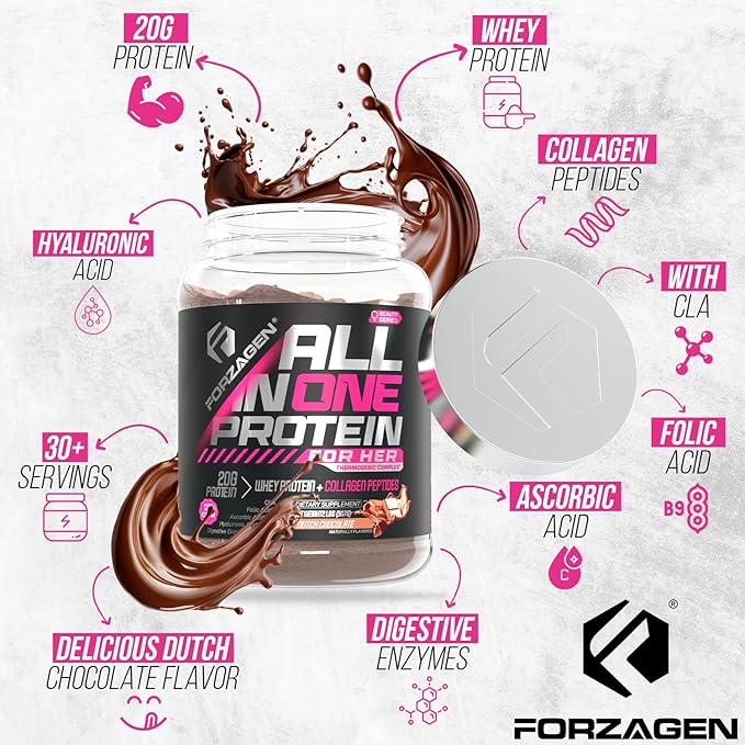 Forzagen All in One Protein for Her | Women’s Protein Powder with Multi Collagen Peptides | Hydrolyzed Collagen Supplement, Gut Health, Great for Pre & Post Workout | Dutch Chocolate, 30+ Servings