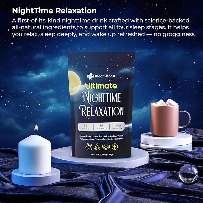 Magnesium Glycinate Powder, Upgraded Formula with Vanilla Coconut Powder, GABA, L-Theanine, Ashwagandha and Chamomile, Natural Berry Flavor - Perfect for Evening Wind-Down & Cozy Nights