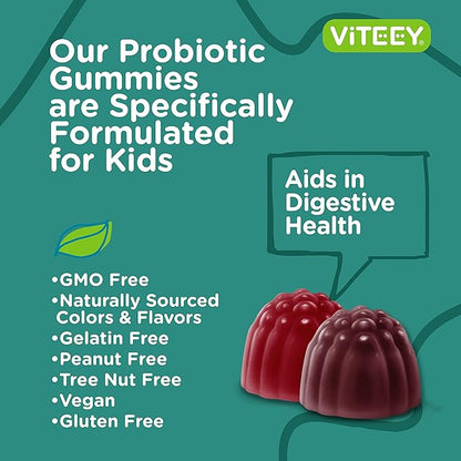 Probiotic Gummies for Kids Plus Prebiotics Fiber - 2 Billion CFUs - Digestive Health,Gut Health, Constipation Relief for Kids Support - Vegan, Gelatin Free - Chewable Probiotic Berry Flavored Gummy