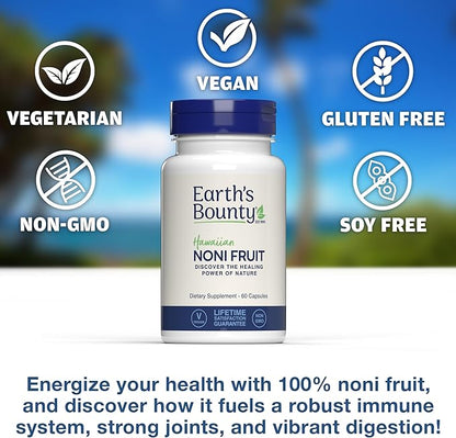 Earth's Bounty Hawaiian Noni Fruit Capsules - 60 Veggie Caps - Healthy Immune System & Joint Health Support - 100% Natural & Pure Noni - Vegetarian