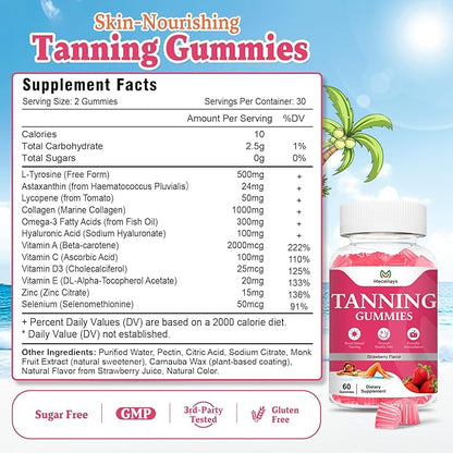 2 Pack Tanning Gummies for Women and Men, Daily Tanning Gummies with L-Tyrosine, Astaxanthin That Work Fast Without Sun for Skin Health & Glow, Sugar Free, Non-GMO, Strawberry Flavor, 120 Gummies