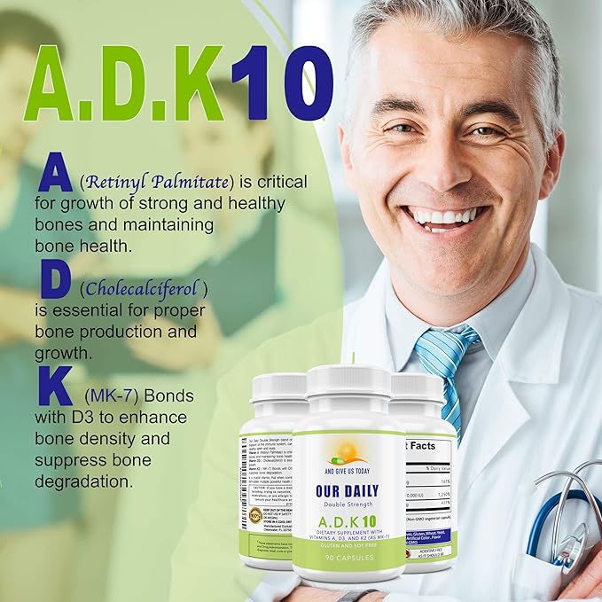 Our Daily Vites ADK 10 Double Strength (10,000 iu) Vitamins A1, D3 & K2 (as MK7) - Physician Formulated Bone & Immune System Support - Gluten Free, Non GMO - 180 Vegetarian Capsules