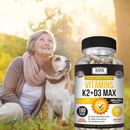 Kaya Naturals Vitamins K2 with D3 5000IU Supplement for Men and Women - Easy to Swallow - Bioperine Capsules (180 Count (Pack of 1)