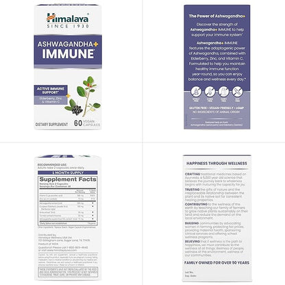 Himalaya Ashwagandha+ Immune with Ashwagandha, Elderberry, Zinc & Vitamin C for Active Immune Support, 60 Capsules, 1 Month Supply, Vegan, Gluten Free
