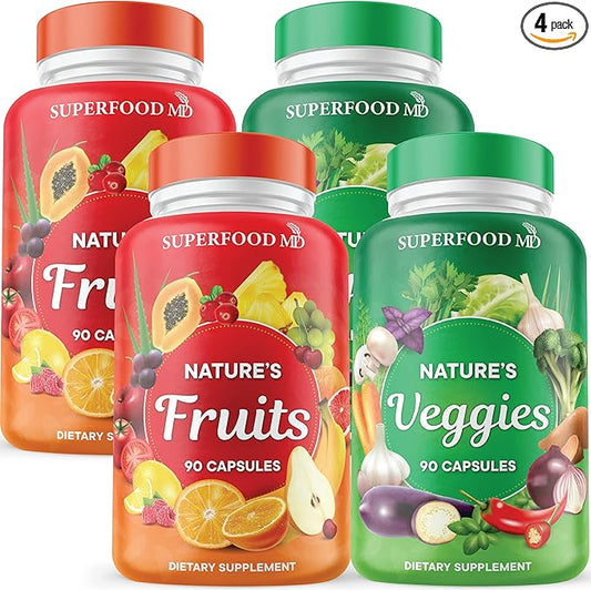 Superfood 180 Fruit and 180 Veggie Capsules - Whole Food Natural Superfoods - Maintain Energy Levels, with Aloe Vera - Soy Free (90 Count (Pack of 4)