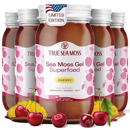 TrueSeaMoss Sea Moss Gel – Made in USA – Wildcrafted Seamoss, Fresh Fruits & Sea Vegetables – Cherry, Pack of 5 (Labels may Vary)
