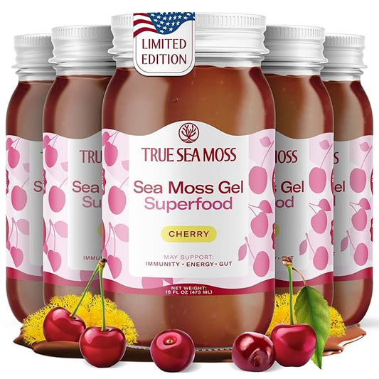 TrueSeaMoss Sea Moss Gel – Made in USA – Wildcrafted Seamoss, Fresh Fruits & Sea Vegetables – Cherry, Pack of 5 (Labels may Vary)