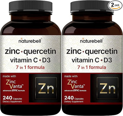 NatureBell 2 Pack Zinc Quercetin with Vitamin C & D3, 480 Capsules | Quercetin 1,000mg, 4 in 1 Zinc 50mg, Vitamin C 250mg, Vitamin D3 5,000 IU – ZincVanta Advanced Immune Defense & Lung Support