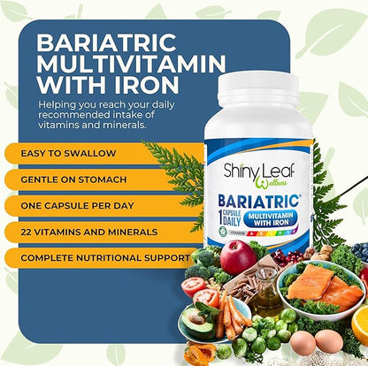Shiny Leaf Bariatric Multivitamin with Iron - 45 mg for Gastric Bypass, Sleeve Gastrectomy, Roux-en-Y, Duodenal Switch - 22 Vitamins & Minerals, ASMBS Compliant, Vegetarian, Made in USA, GMP, 180 Ct.