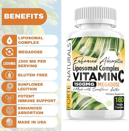 High Dose Vitamin C 1500mg Liposomal C Complex Supplement with Sunflower Lecithin Capsules Supplements Clogged Milk Sunflower Lecithin 180 Capsules Celebration Vitamins
