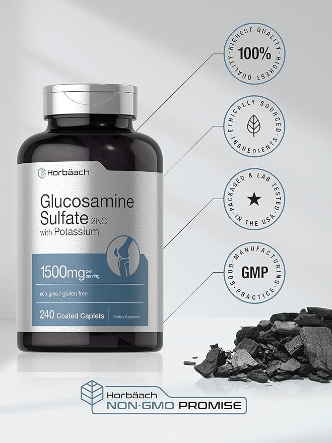 Horbäach Glucosamine Sulfate 1500mg | 240 Caplets | 2KCI with Potassium | Non-GMO and Gluten Free Supplement