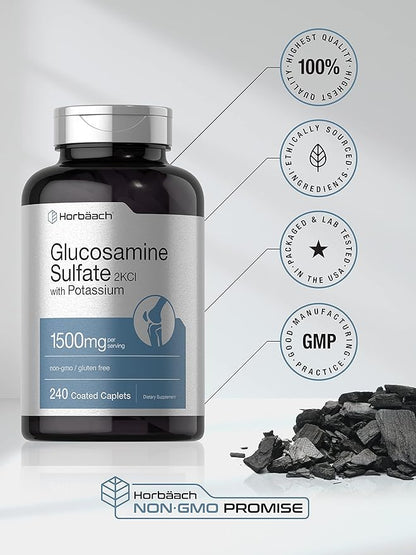 Horbäach Glucosamine Sulfate 1500mg | 240 Caplets | 2KCI with Potassium | Non-GMO and Gluten Free Supplement