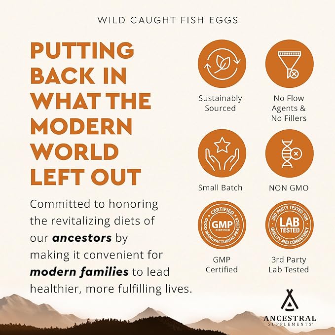 Ancestral Supplements Wild Caught Fish Eggs, 2400mg, Omega-3 Supplement Supports Brain, Heart, Fertility and Inflammatory Health, Whole Food Source of Vitamin D, K2, and A, Non-GMO, 180 Capsules