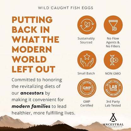 Ancestral Supplements Wild Caught Fish Eggs, 2400mg, Omega-3 Supplement Supports Brain, Heart, Fertility and Inflammatory Health, Whole Food Source of Vitamin D, K2, and A, Non-GMO, 180 Capsules