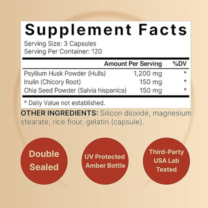 NatureBell Psyllium Husk Capsules 1500mg Per Serving, 360 Count, with Inulin & Chia Seed –Soluble Fiber for Digestion – Plant Based Herbal Fiber Supplement, Non-GMO, Gluten Free