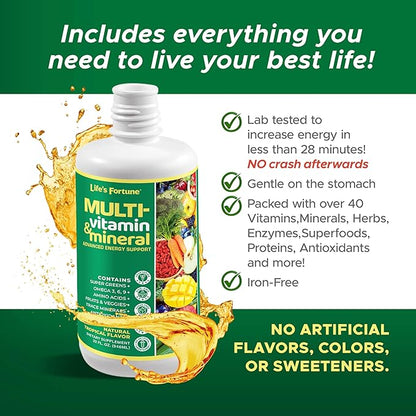 Life's Fortune Liquid Multivitamin for Men, Women & Teens, High Absorption Vitamins with Biotin, Vitamin C, D3, Minerals | Non-GMO, No Sugar Added | Supports Hair, Body Health & Energy | 32 oz