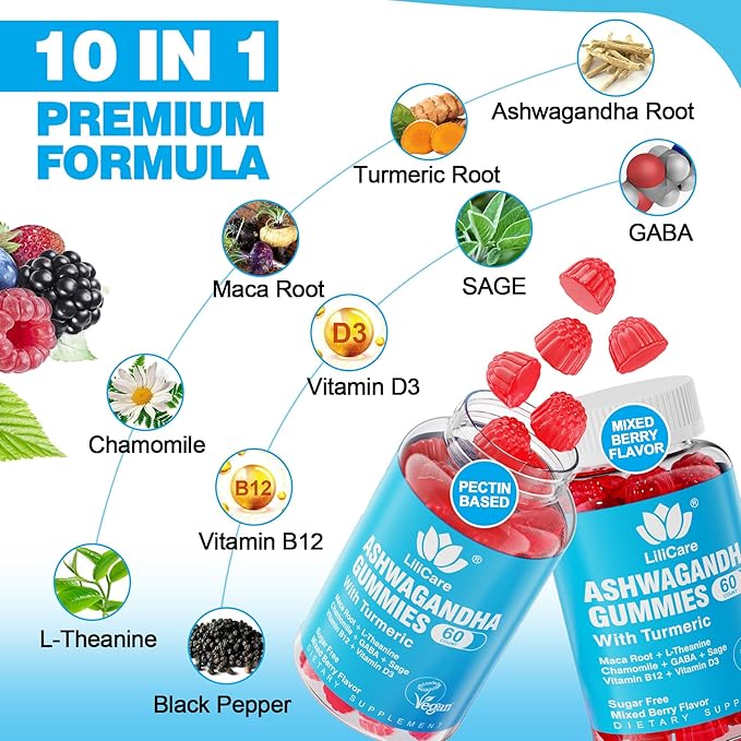 Ashwagandha Gummies 2000mg for Women Men - Sugar Free, Vegan - Organic Ashwagandha Root Supplements Gummy & Vitamin D3, 120 Count