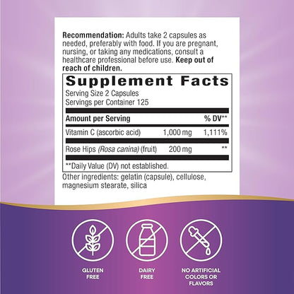 Nature's Way Vitamin C with Rose Hips, Antioxidant & Immune Function Support from vitamin C*, Promotes Collagen for Healthy Skin*, 1,000 mg per 2-Capsule Serving, 500 Capsules (Packaging May Vary)