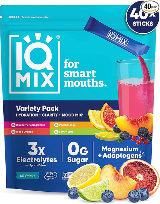 IQMIX Hydration Electrolyte Powder – 4-in-1 Formula for Hydration, Mental Clarity, Mood and Recovery – Sugar-Free Drink Mix, Keto, Magnesium L-Threonate, Lion’s Mane – 40 Count Variety Pack