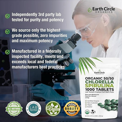 Premium Organic CHLORELLA /SPIRULINA 1000 Tablets (50/50) Kosher, Vegan - Green Algae Superfood, Cracked Cell Wall, Chlorophyll, High in Protein & Iron, no additives, or fillers 8.75 Oz (2 Pack)