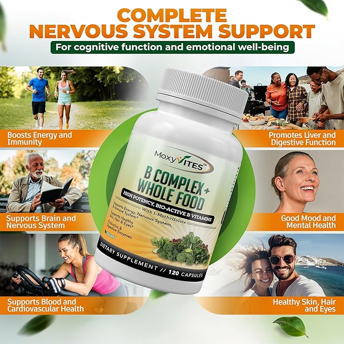 Vitamin B Complex - B Vitamins Whole Food Supplement, B12 Methylcobalamin, B1, B2, B3, B5, B6, B7, B9 - for Stress, Energy and Immune Support, Vegan, 120 Capsules