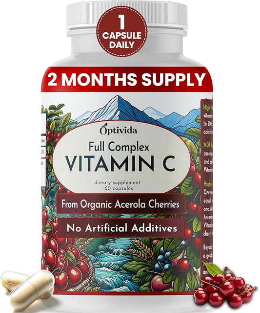OPTIVIDA Plant Based Natural Acerola Cherry Vitamin C Capsules (60 Count), Time Release Organic Vitamin C | (Non Ascorbic Acid) Vegan Supplement for Immune Support, Healthy Skin & Joints