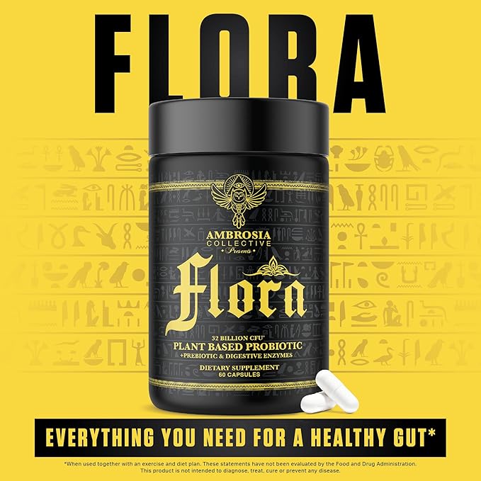 Ambrosia Flora Digestive Enzymes with Probiotics and Prebiotics, Plant Based Gut Health Supplement, 32 Billion CFU, Vegan Probiotic for Digestive Health (30 Servings)