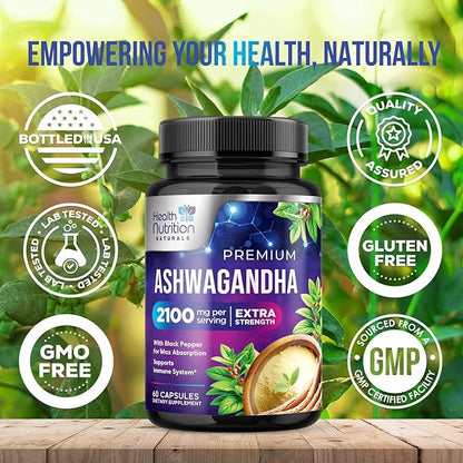 Ashwagandha Supplement 2100mg - Extra Strength Herbal Root Extract, Best Ashwagandha Supplements for Men & Women, Restore, Unwind, Calm Support Formula, Vegetarian, Non-GMO, Gluten-Free, 60 Capsules