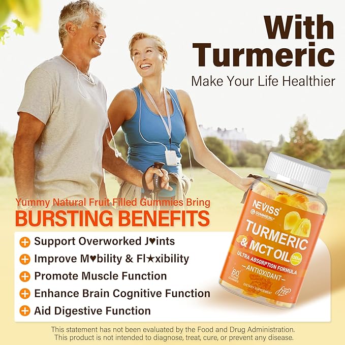 Sugar Free Turmeric Gummies 1000mg w/MCT Oil C8 C10, Organic Antioxidant, Turmeric Curcumin Supplement with Black Pepper Extract Improve Digestion & Comfort, Boost Energy, Ultra Absorption, 60 Count