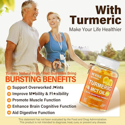 Sugar Free Turmeric Gummies 1000mg w/MCT Oil C8 C10, Organic Antioxidant, Turmeric Curcumin Supplement with Black Pepper Extract Improve Digestion & Comfort, Boost Energy, Ultra Absorption, 60 Count