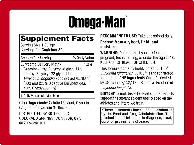 Omega-Man 300mg LJ100 – Elevates Free Testosterone with Enhanced Absorption - 30 Softgels