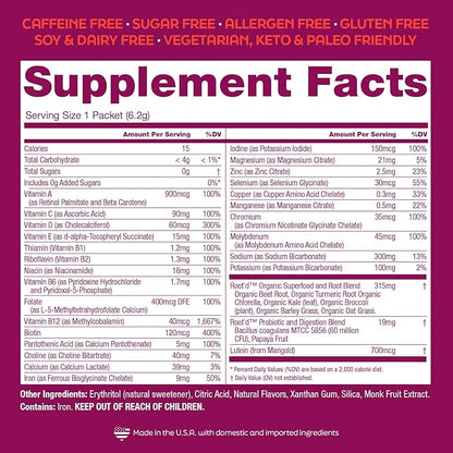 Root'd Multivitamin Powder for Women - 25 Vitamins & Minerals with 3X Electrolytes, 9 Organic Superfoods, Probiotics & Enzymes, Sugar-Free Multivitamin & Hydration | 30 Vitamin Drink Mix Packets