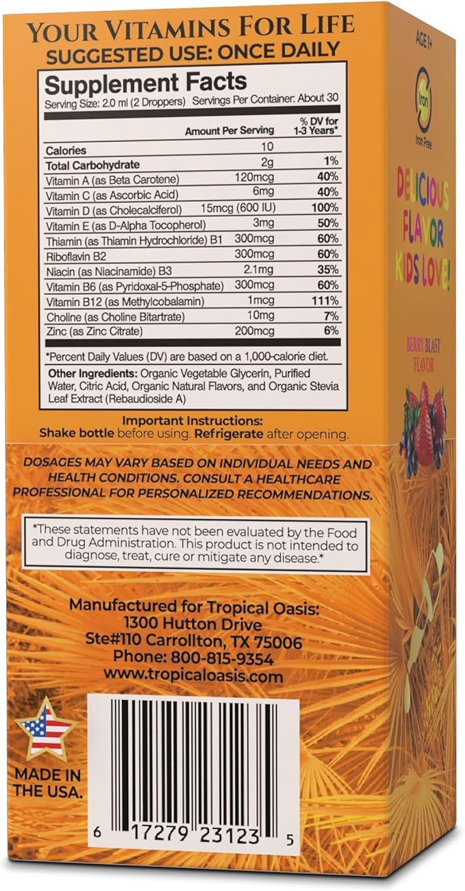 Tropical Oasis USDA Organic Kids Liquid Multivitamin for Toddlers | Organic Toddler Vitamins Liquid Drops for Kids Ages 1-3 | Supports Healthy Immune System | Sugar Free | Vegan | Non-GMO | 2 Fl Oz