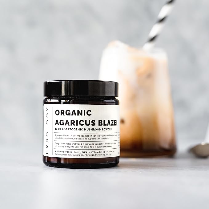 Erbology Organic Agaricus Blazei Mushroom Powder 50 Servings - 25% Beta-glucans - Immunity and Heart - Small Batch - Sustainably Grown in Europe - Vegan - Non-GMO - No Added Fillers