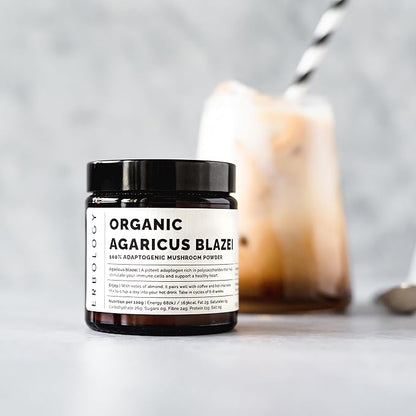 Erbology Organic Agaricus Blazei Mushroom Powder 50 Servings - 25% Beta-glucans - Immunity and Heart - Small Batch - Sustainably Grown in Europe - Vegan - Non-GMO - No Added Fillers