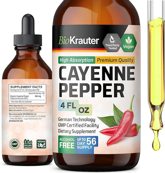 BIO KRAUTER Cayenne Pepper Extract Liquid - Pure Capsaicin Extract - Liquid Cayenne Pepper Drops for Digestive Support - Sugar & Alcohol Free 4 Fl.Oz.