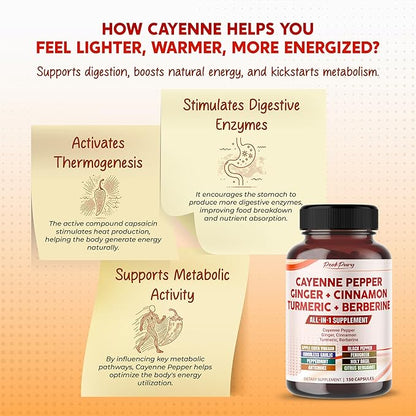 Cayenne Pepper Ginger Turmeric Berberine - Digestion, Gut Heath Support - Made in USA